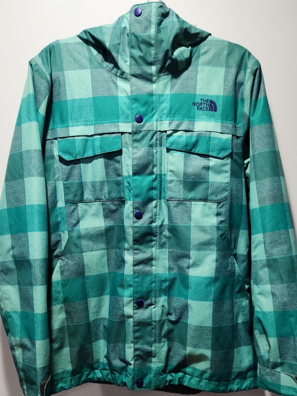 The North Face Women's Hyvent Green Plaid Hooded Jacket Size L Preowned